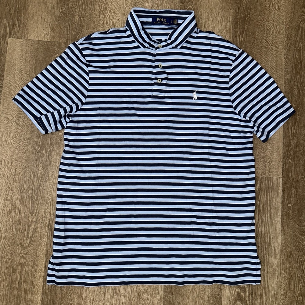Polo Ralph Lauren Pima Soft Cotton Short Sleeve Polo Men's L Blue White Striped - Picture 2 of 5